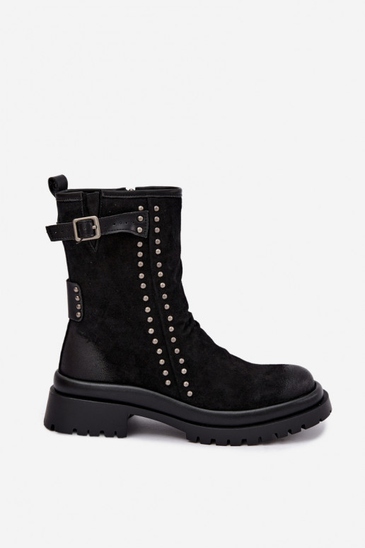 Insulated women's faux suede ankle boots with buckles Tai turiciejka K7727-01 in black
