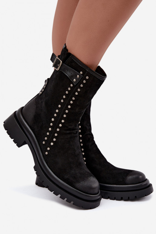 Insulated women's faux suede ankle boots with buckles Tai turiciejka K7727-01 in black