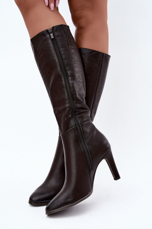 Warm women's knee-high boots with heels in chocolate Rosmella