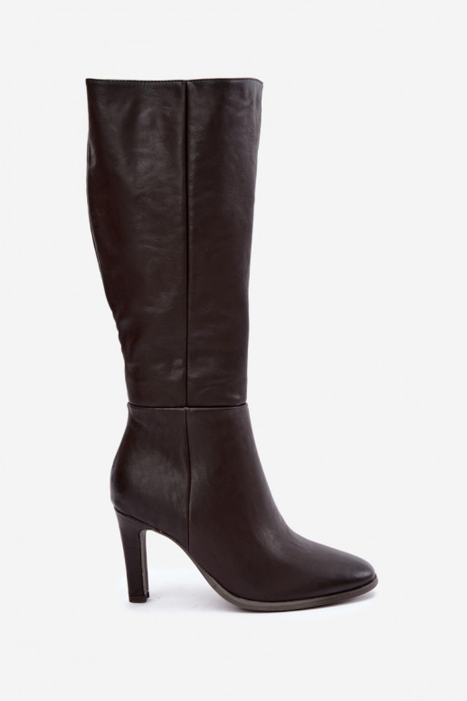 Warm women's knee-high boots with heels in chocolate Rosmella