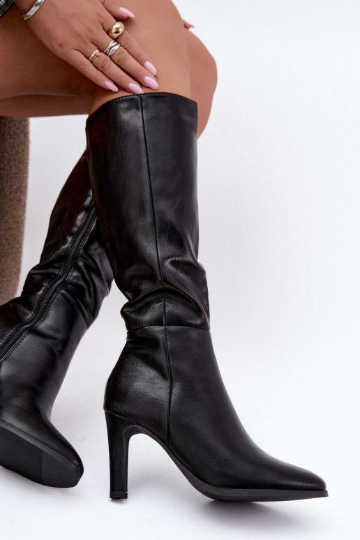 Warm women's knee-high boots with heels in black Rosmella