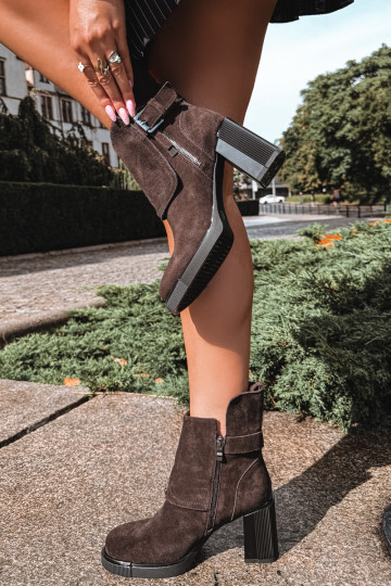 Chocolate ankle boots in faux suede with heels and buckles Vinceza 91152 2