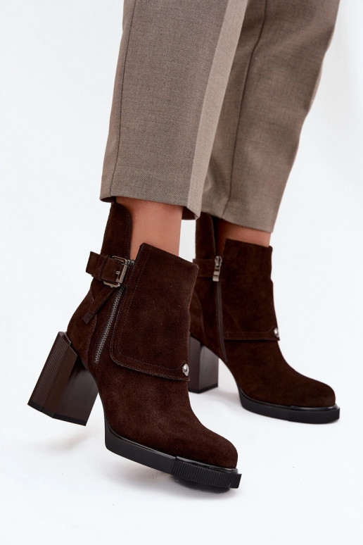 Chocolate ankle boots in faux suede with heels and buckles Vinceza 91152