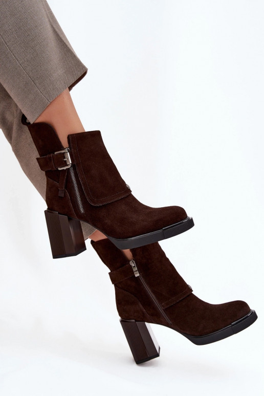 Chocolate ankle boots in faux suede with heels and buckles Vinceza 91152