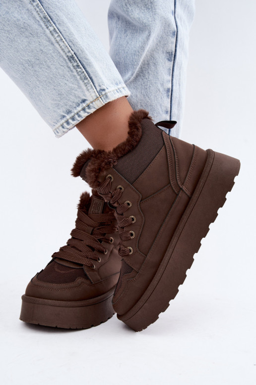 Women's snow boots with laces and fur dark brown Big Star
