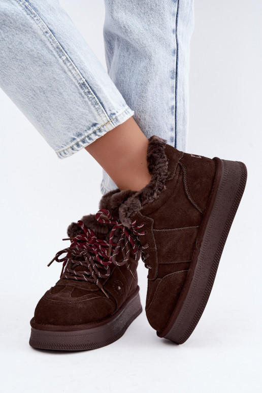 faux suede snow boots for women with laces Big Star UU274312 chocolate color