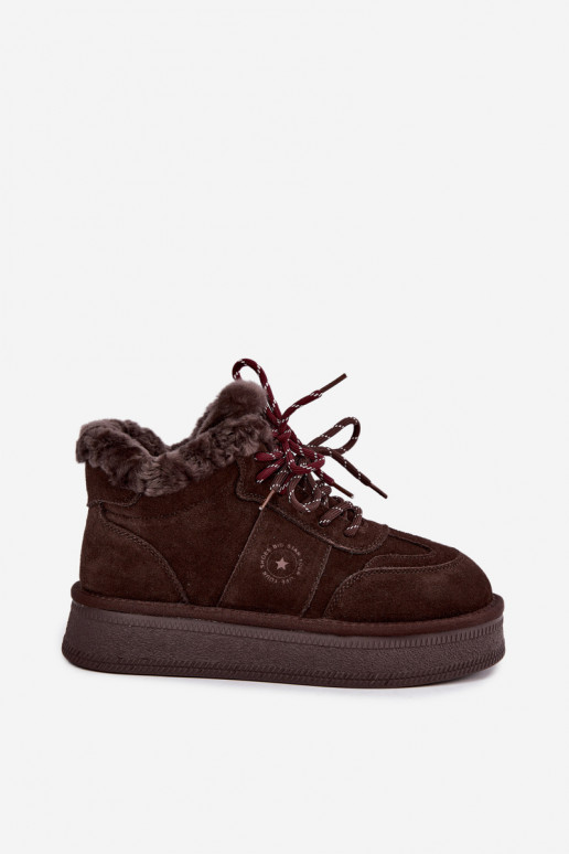 buty śniegowe z sztucznej zamszowej skóry dla kobiet z sznurówkami Big Star UU274312 w kolorze czekoladowym