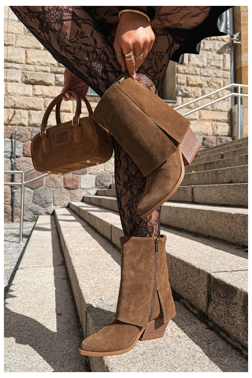 cowboy style ankle boots with heels made of natural suede with embroidered shaft Big Star UU274114 brown color