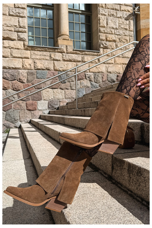 cowboy style ankle boots with heels made of natural suede with embroidered shaft Big Star UU274114 brown color