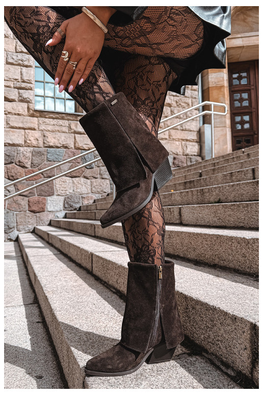 cowboy style ankle boots with heels made of natural suede with embroidered shaft Big Star UU274115 chocolate color