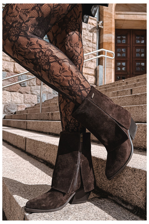 cowboy style ankle boots with heels made of natural suede with embroidered shaft Big Star UU274115 chocolate color