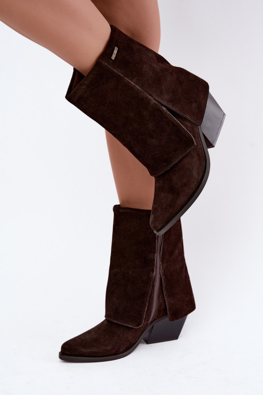 cowboy style ankle boots with heels made of natural suede with embroidered shaft Big Star UU274115 chocolate color