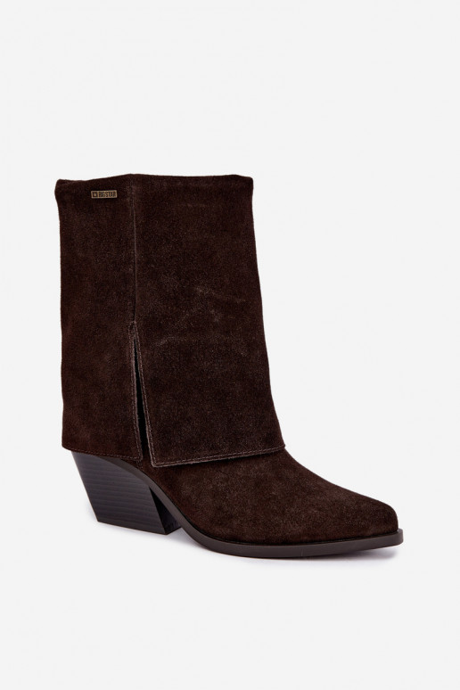 cowboy style ankle boots with heels made of natural suede with embroidered shaft Big Star UU274115 chocolate color