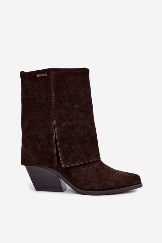 cowboy style ankle boots with heels made of natural suede with embroidered shaft Big Star UU274115 chocolate color