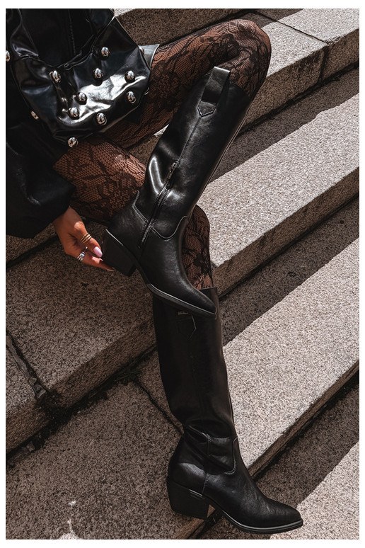 natural leather women's knee-high boots on low heel insulated Big Star UU274521 black color