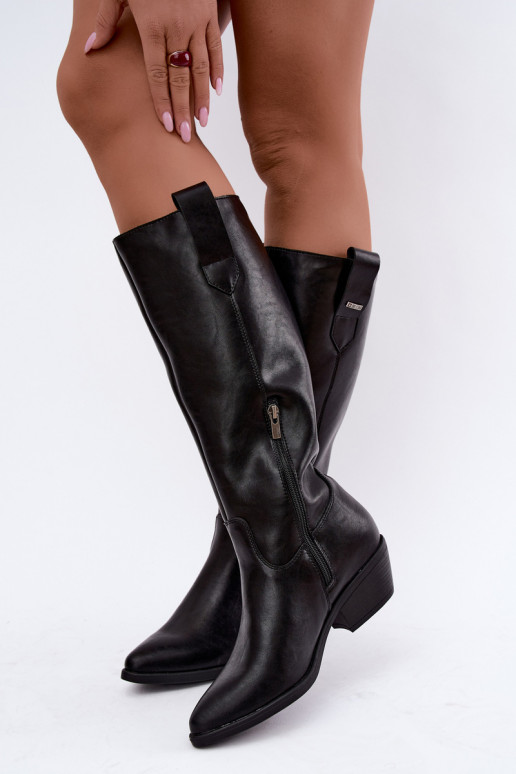 natural leather women's knee-high boots on low heel insulated Big Star UU274521 black color