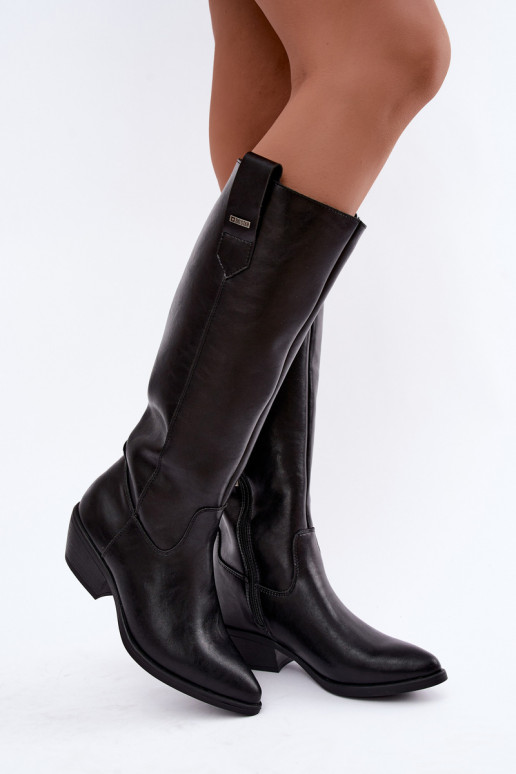 natural leather women's knee-high boots on low heel insulated Big Star UU274521 black color
