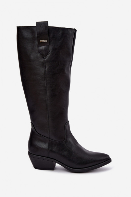 natural leather women's knee-high boots on low heel insulated Big Star UU274521 black color