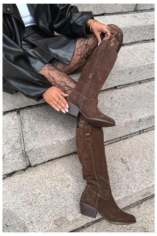 faux suede women's knee-high boots on low heel insulated Big Star UU274519 chocolate color