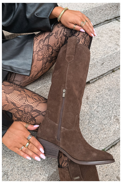 faux suede women's knee-high boots on low heel insulated Big Star UU274519 chocolate color