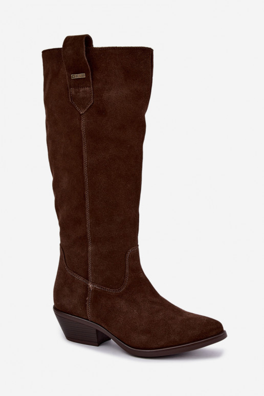 faux suede women's knee-high boots on low heel insulated Big Star UU274519 chocolate color
