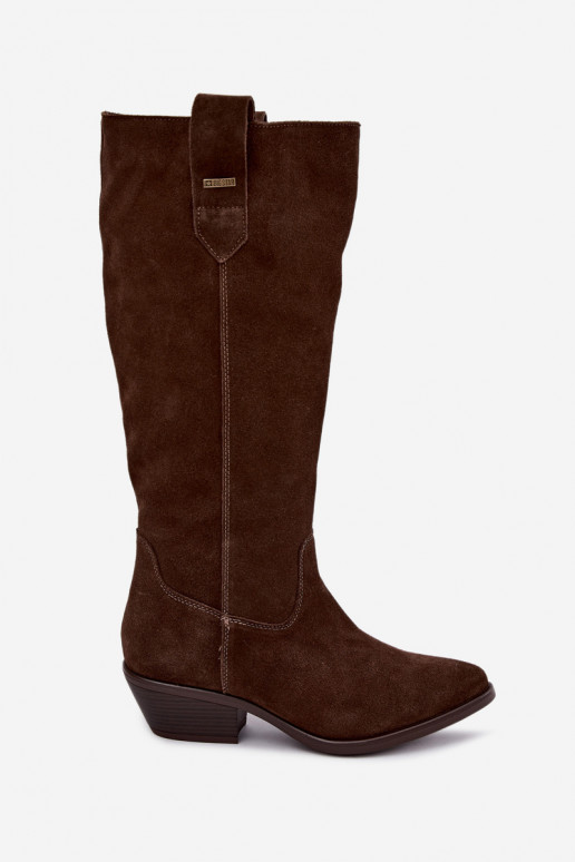 faux suede women's knee-high boots on low heel insulated Big Star UU274519 chocolate color