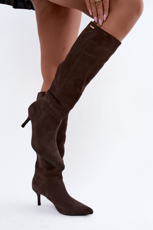 faux suede knee-high boots with thin heels insulated slip-on model Big Star UU274495 dark brown color