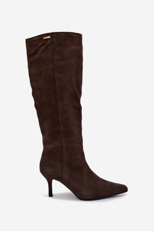faux suede knee-high boots with thin heels insulated slip-on model Big Star UU274495 dark brown color