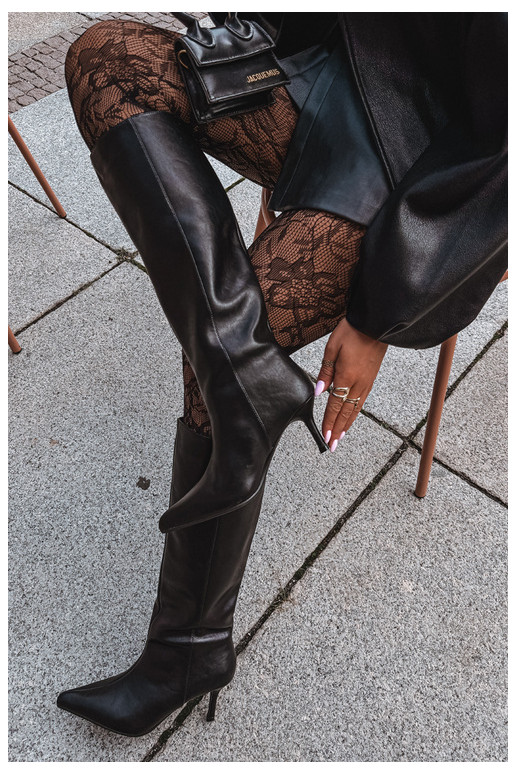 natural leather knee-high boots with thin heels insulated slip-on model Big Star UU274497 black color