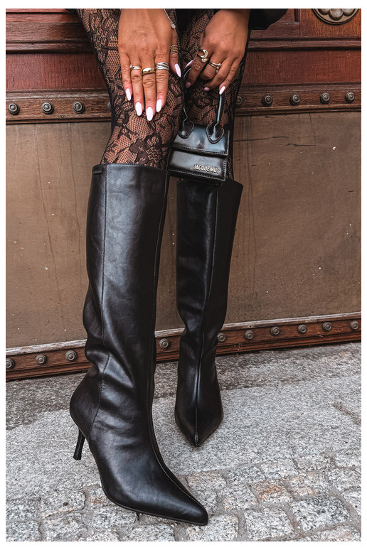 natural leather knee-high boots with thin heels insulated slip-on model Big Star UU274497 black color