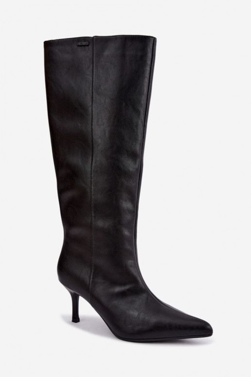 natural leather knee-high boots with thin heels insulated slip-on model Big Star UU274497 black color