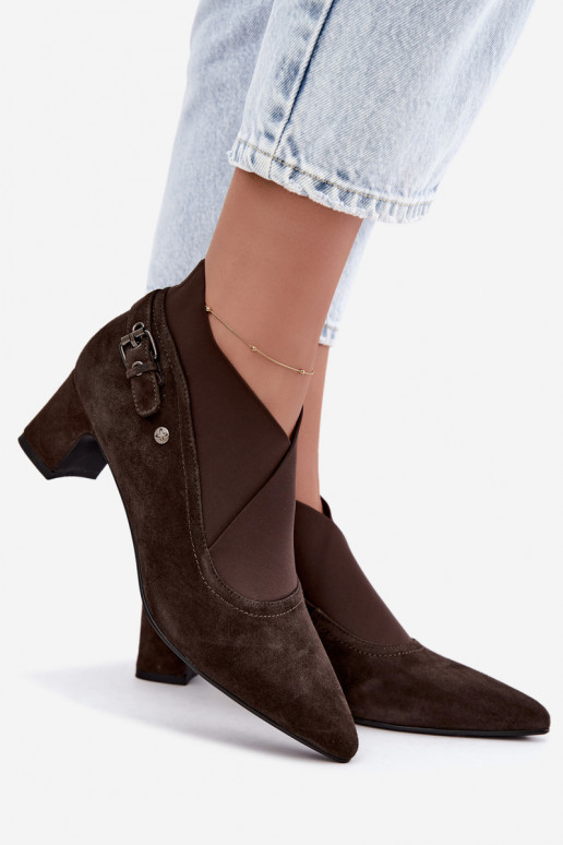 Warm suede ankle boots with heel Tai turiciejka K7691-02 chocolate color