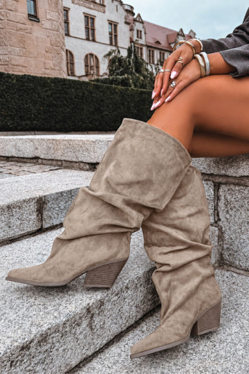 Khaki women's knee-high boots with curved upper and heels in suede Durela
