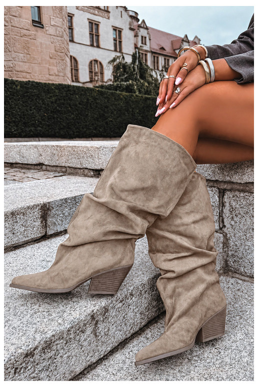 Khaki women's knee-high boots with curved upper and heels in suede Durela