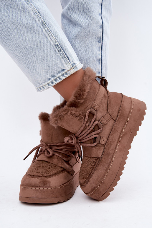 Brown lace-up winter boots on platform Coraliah