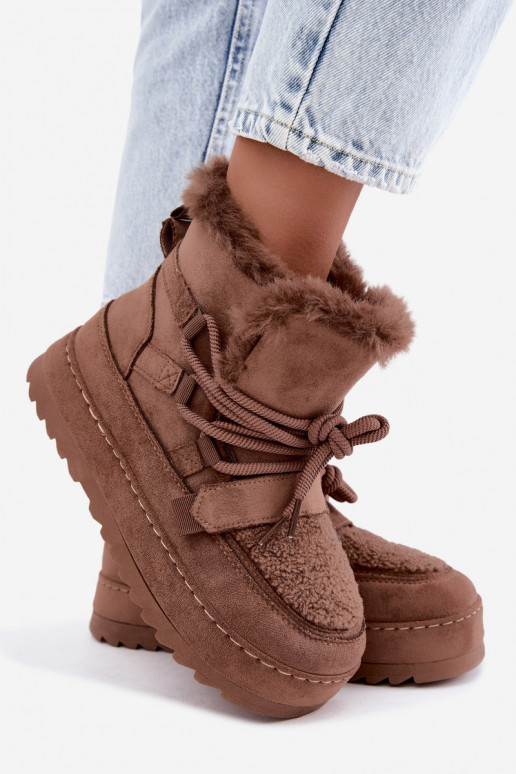 Brown lace-up winter boots on platform Coraliah