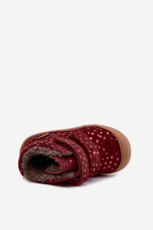 Zamszowe dziecięce zimowe buty z serduszkami Froddo G2110138-28 bordowe