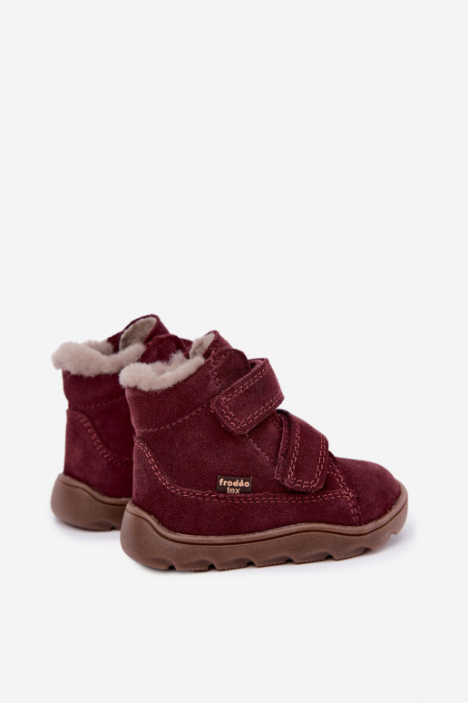 Suede children's snow boots Barefoot Froddo G2110151-4 burgundy
