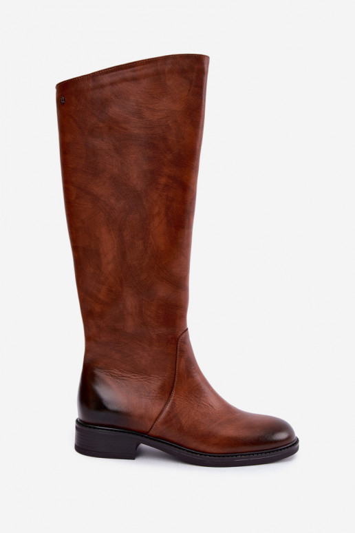 Leather women's knee-high boots with wide heels insulated Zazoo 70163 brown