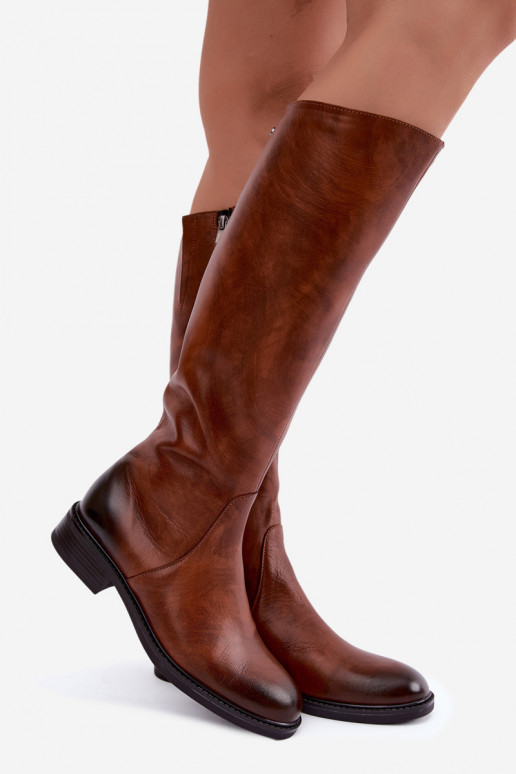 Leather women's knee-high boots with wide heels insulated Zazoo 70163 brown