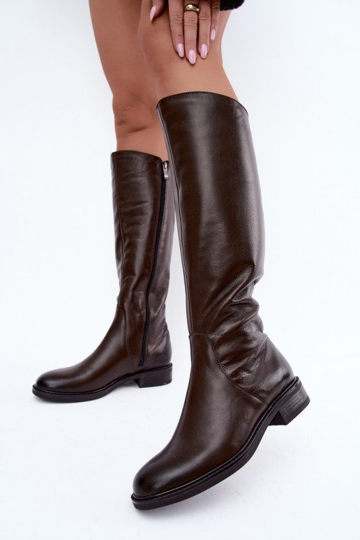 Leather women's knee-high boots with wide heels insulated Zazoo 70163 chocolate