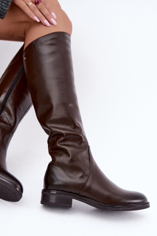 Leather women's knee-high boots with wide heels insulated Zazoo 70163 chocolate