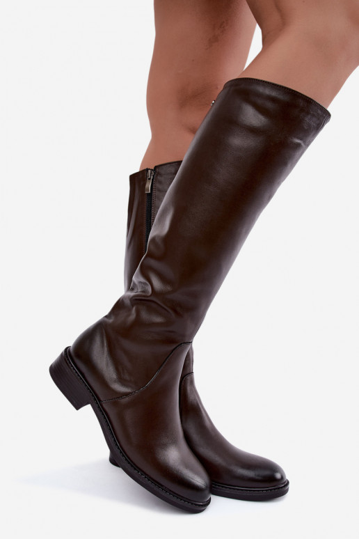 Leather women's knee-high boots with wide heels insulated Zazoo 70163 chocolate