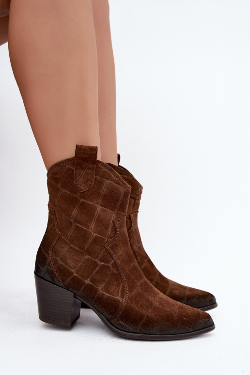 Suede cowboy-style boots with embossing Zazoo 1988 brown