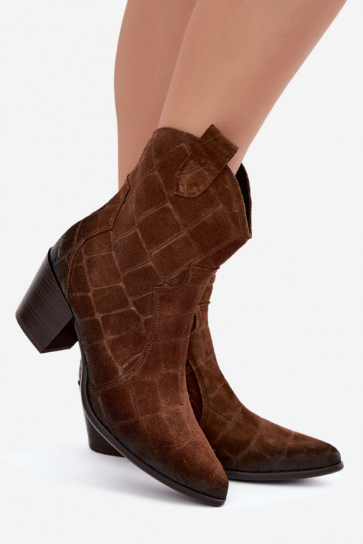 Zamszowe buty w stylu kowbojskim z tłoczeniem Zazoo 1988 brązowe