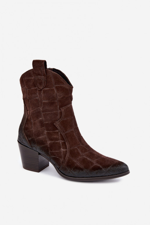 Zamszowe buty w stylu kowbojskim z tłoczeniem Zazoo 1988 czekoladowe