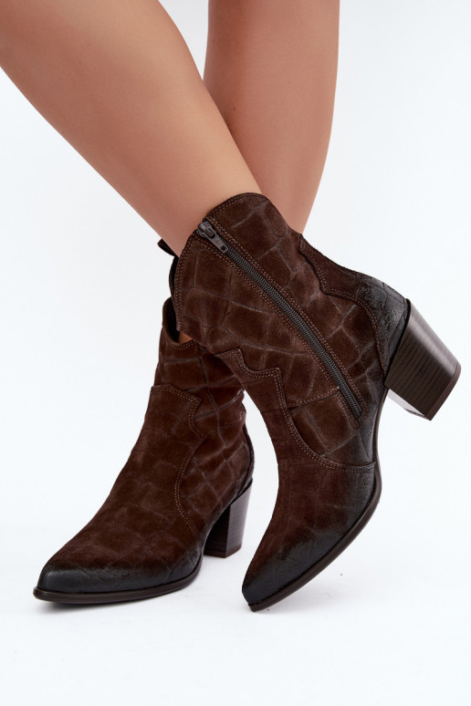 Zamszowe buty w stylu kowbojskim z tłoczeniem Zazoo 1988 czekoladowe