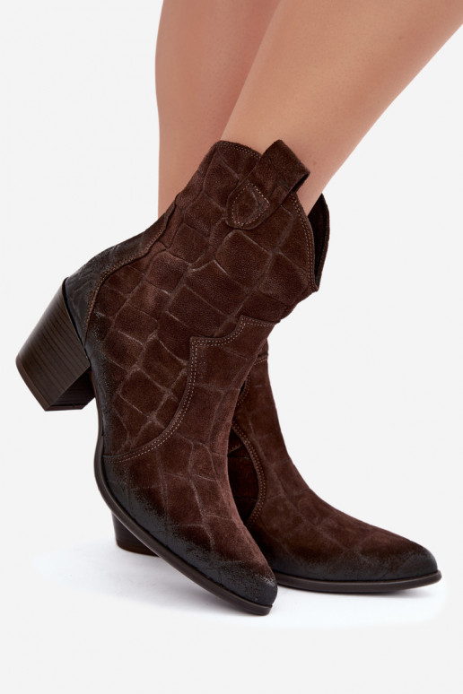 Zamszowe buty w stylu kowbojskim z tłoczeniem Zazoo 1988 czekoladowe