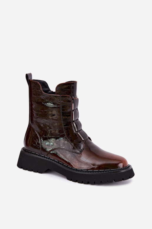 Insulated women's ankle boots with patent effect T.Sokolski Z26-501 brown