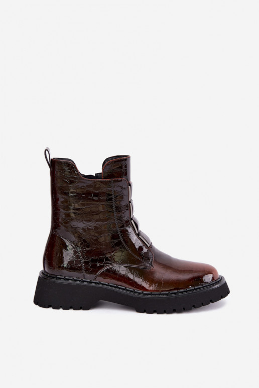 Insulated women's ankle boots with patent effect T.Sokolski Z26-501 brown